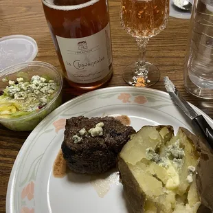 Filet carryout with house salad with blue cheese and baked yesterday
