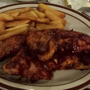 BBQ Chicken with fries and side of Cole slaw not pictured. Cole slaw was good. Thick hearty fries too.