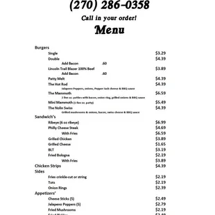 Menu from their FB page from July 1, 2018.