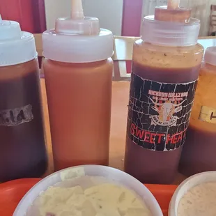 Sauces - mild, Carolina mustard,  and sweet heat, (extra hot not pictured)