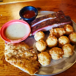 Chicken fried steak, ribs, &amp; double order of hot tots.