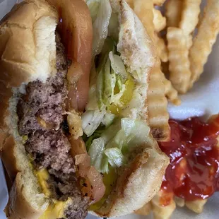 a hamburger and french fries