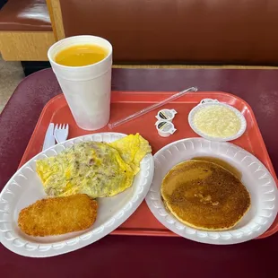 The meat lover's omelet, hotcake , grits, and hashbrown are great!