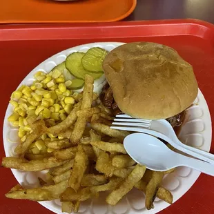 Brisket Rib Sandwich, corn, fries