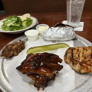 Ribs, pulled pork, chicken breast. All with homemade BBQ sauce. yum!