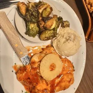 Teriyaki chicken, garlic mashed potatoes and brussel sprouts