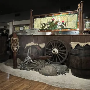 a display of a wagon wheel