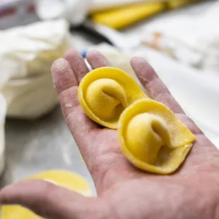 a person's hand holding three ravioli shells