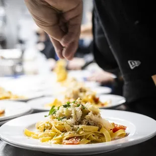 a plate of food being prepared