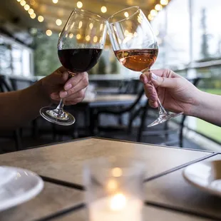 two people toasting wine glasses