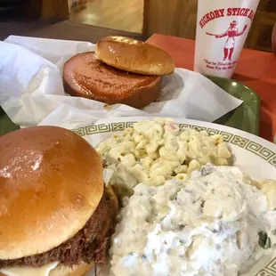 Fried Bologna &amp; chopped beef sandwich w/ baked potato salad &amp; macaroni salad