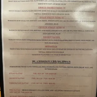 Tex Mex Menu