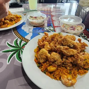 Fried conch and oysters with seafood rice