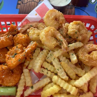 Lightly breaded buffalo and garlic shrimp! So good