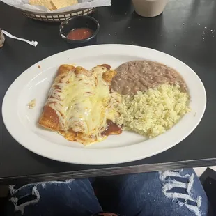 Enchiladas dinner with rice and beans