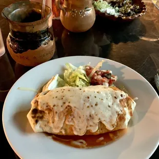 Burro Ranchero with chicken in the front. Steak fajitas in the back. Cute marg jugs!!