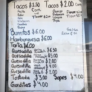 a price list for tacos