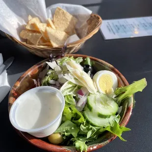 Side salad and complimentary chips and salsa