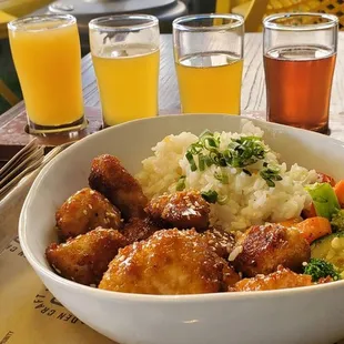 Chicken teriyaki and desert sour flight