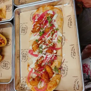 Fried Shrimp, Truffle Tartuffo Cheese & Spicy Cardamon Sauce Flatbread