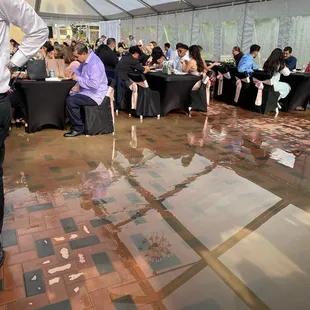 Outdoor tent dinner area