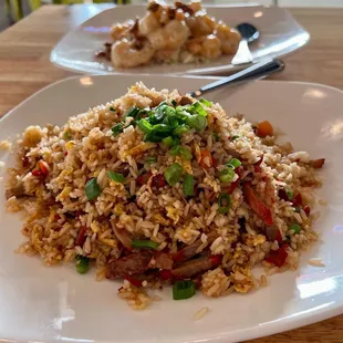 BBQ Pork Fried Rice and Honey Walnut Shrimp Plate