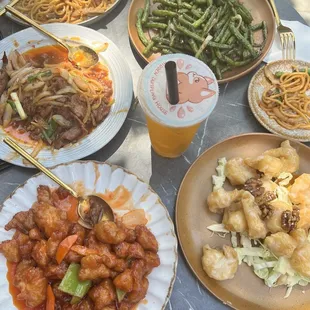 Garlic Green Beans Plate Mongolian Beef Plate Sweet and Sour Chicken Plate Honey Walnut Shrimp Plate Garlic Noodle with bbq pork