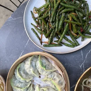 Salt and Pepper Tofu Plate Vege Dumplings Garlic Green Beans Plate