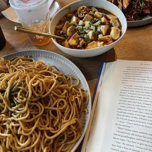 Garlic noodles, Mapo Tofu Plate, and Garlic Eggplant Plate