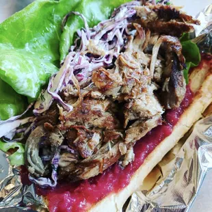 Pulled Pork Sandwich with Apple &amp; Plum Compote and a Red Cabbage Slaw