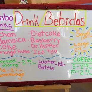  whiteboard with a list of drinks