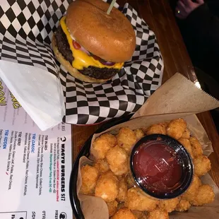Classic burger and side of tots