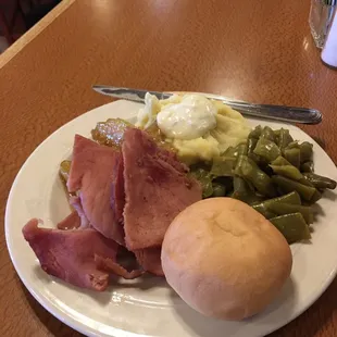 ham, green beans, and a roll