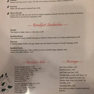 Breakfast menu as of 10/1/17
