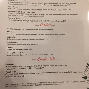 Breakfast menu as of 10/1/17