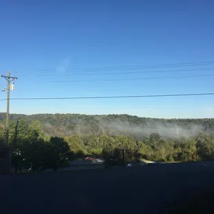 The morning fog over the lodge that the restaurant is in