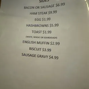 Breakfast side menu