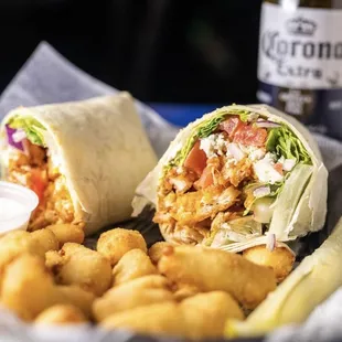 One of our many delicious refreshing wraps! With a side of cheese curds!