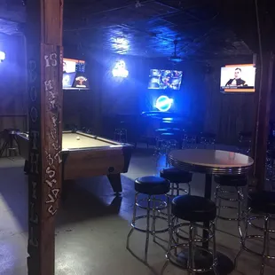 a pool table and bar stools