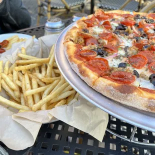 a pizza and french fries