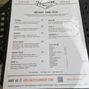 Pizza menu