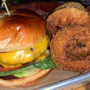 a burger and onion rings