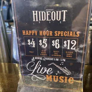 Happy hour drink menu