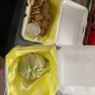 Bacon Cheeseburger Wrapped in Lettuce  Fried Pickles with Ranch