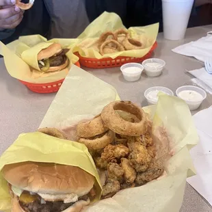 Big ass BBQ Cheeseburger with bacon, big ass homemade onion rings, big ass fried mushrooms and big ass drink!