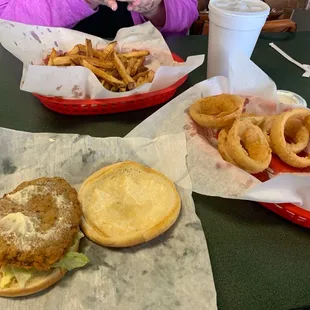 a burger and onion rings