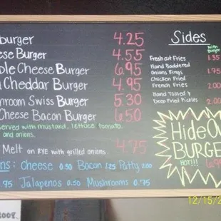 Menu of HideOut Burgers
