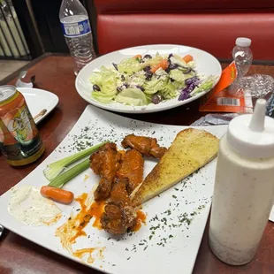 Greek salad, buffalo wings