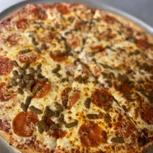 pepperoni, sausage, and cheese pizza