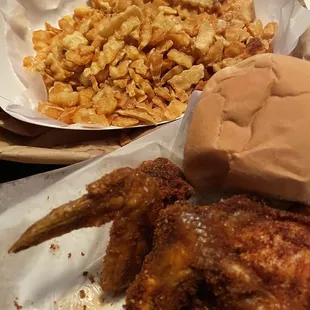 Old style chicken, and &quot;fries&quot;... I&apos;d say the bottom of the fryer &quot;fries&quot;...